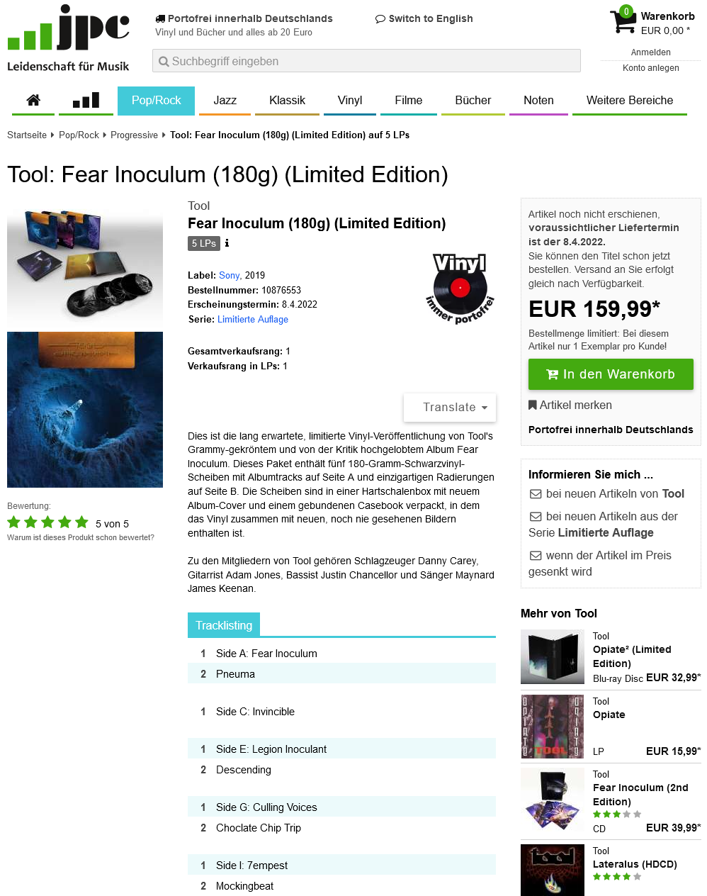 Screenshot 2022-02-25 at 22-45-11 Tool Fear Inoculum (180g) (Limited Edition) (5 LPs) – jpc