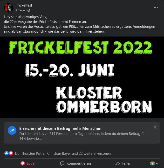 Frickelfest 2022 Ankündigung auf Facebook - https://www.facebook.com/frickelfest