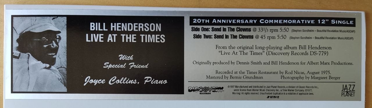 Picture of the sticker of the 12" record "Bill Henderson - Live At The Times - Send in the Clowns"